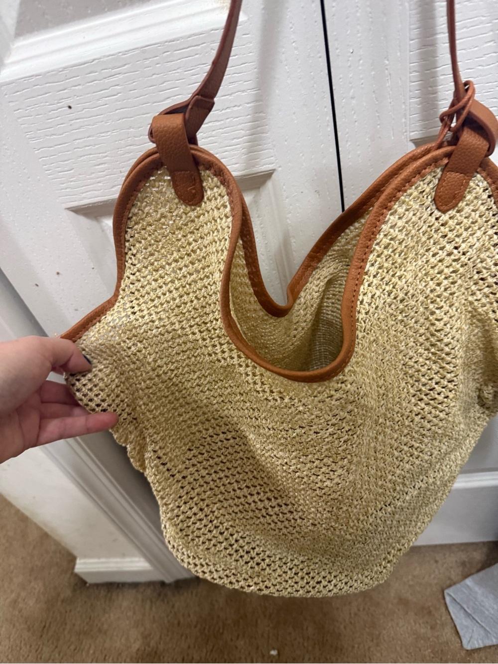 Woven Straw Tote Bag with Brown Trim